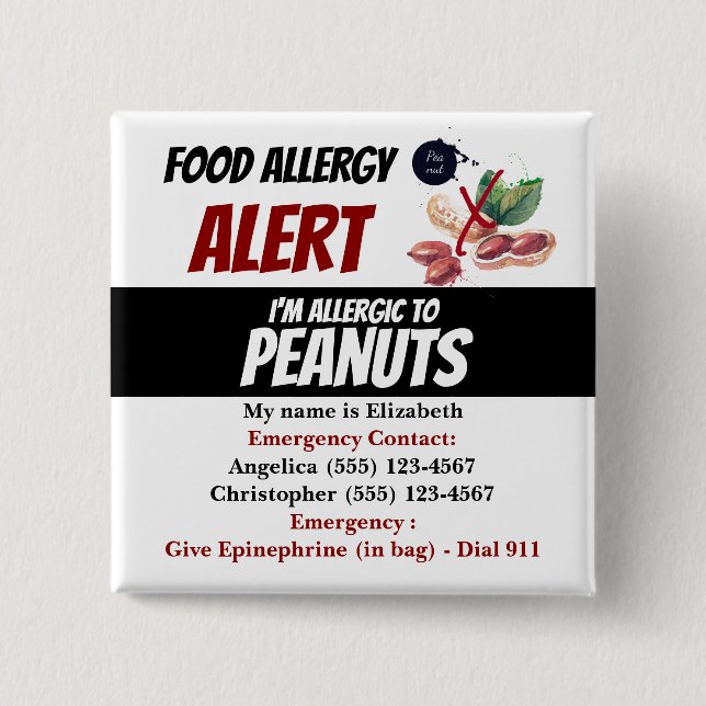 Badge Carré 5 Cm Avertissement d'alerte d'allergie aux aliments pou (Devant)