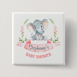 Badge Carré 5 Cm Baby shower de fille Eléphant Aquarelle