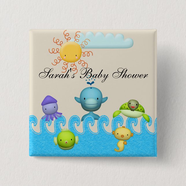 Badge Carré 5 Cm Baby shower mignon d'animaux de mer (Devant)