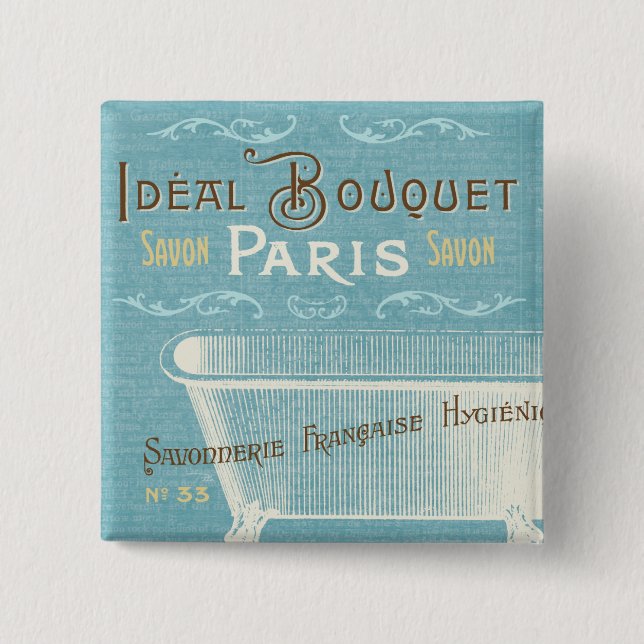 Badge Carré 5 Cm Baignoire française bleue et blanche (Devant)
