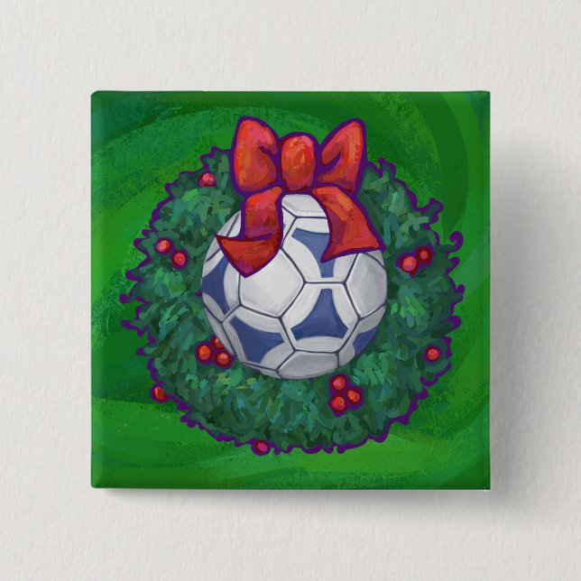 Badge Carré 5 Cm Bal de soccer blanc et bleu sur vert (Devant)