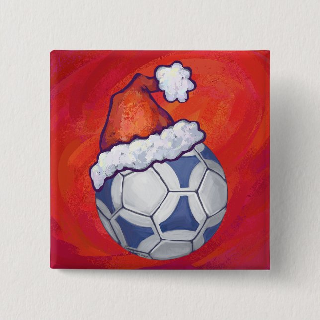 Badge Carré 5 Cm Bal de soccer bleu et blanc sur rouge (Devant)