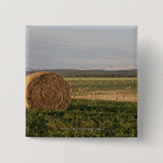 Badge Carré 5 Cm Balles de foin dans un domaine avec des montagnes