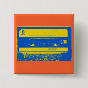 Badge Carré 5 Cm Bande Cassette Rétro Bleue et Jaune