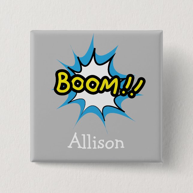 Badge Carré 5 Cm Bande dessinée Cute Grey Thème Superhero (Devant)