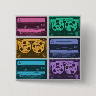 Badge Carré 5 Cm Bandes Cassette Colorées Rétro
