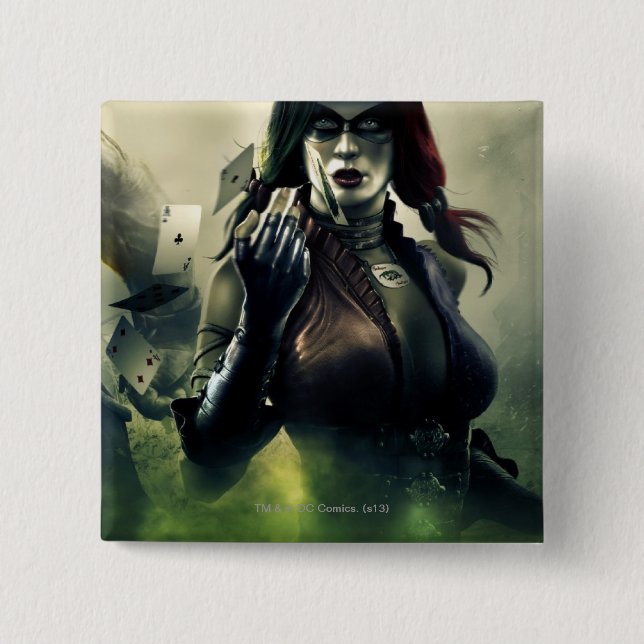 Badge Carré 5 Cm Bannière : Grundy, Harley, Batman (Devant)