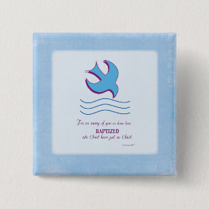 Badge Carré 5 Cm Baptême Adulte Colombe sur Fond Bleu