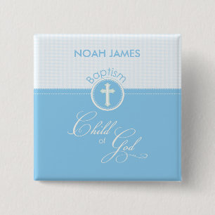 Badge Carré 5 Cm Baptême Bleu Enfant de Dieu, personnalisable