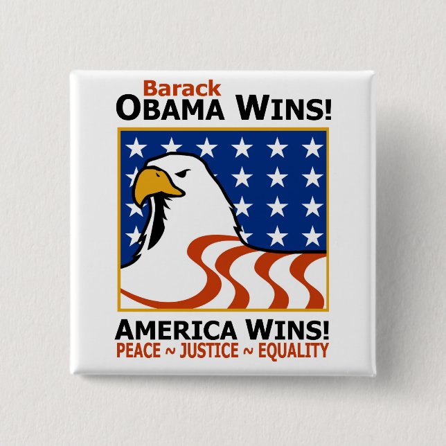 BADGE CARRÉ 5 CM BARACK OBAMA GAGNE ! (Devant)