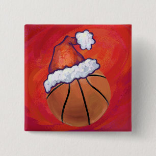 Badge Carré 5 Cm Basket-ball à Santa Hat