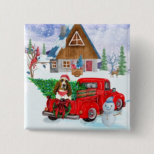 Badge Carré 5 Cm Basset Hound chien dans la livraison de Noël Camio (Devant)