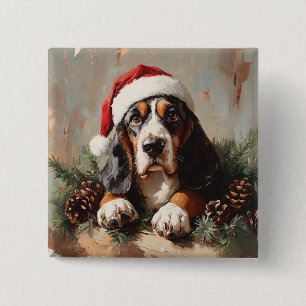 Badge Carré 5 Cm Basset Hound dans une peinture à l'huile de chapea