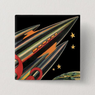 Badge Carré 5 Cm Bateau-fusée de science-fiction vintage par Space 