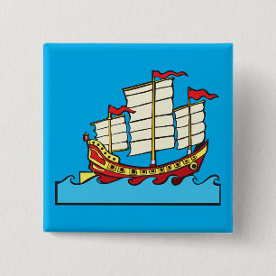 Badge Carré 5 Cm Bateau traditionnel rouge chinois sur vagues bleue