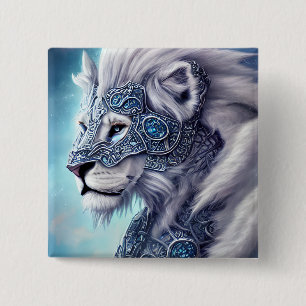 Badge Carré 5 Cm Beau Lion de Guerrier Blancs