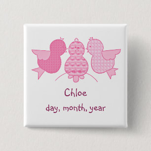 Badge Carré 5 Cm Bébé Faire-part de naissance fille aux oiseaux ros
