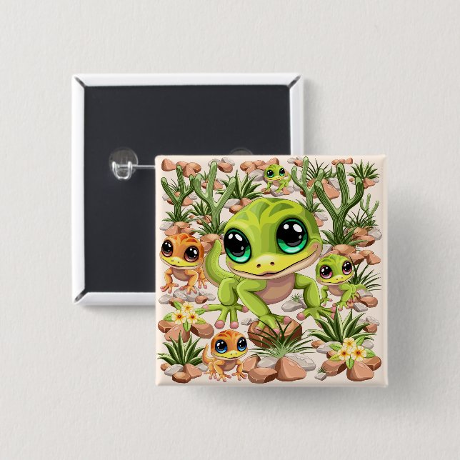 Badge Carré 5 Cm Bébé Geckos jote personnages de dessin (Devant & derrière)