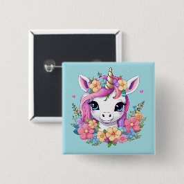 Badge Carré 5 Cm Bébé magique licorne avec fleurs