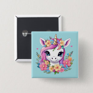 Badge Carré 5 Cm Bébé magique licorne avec fleurs