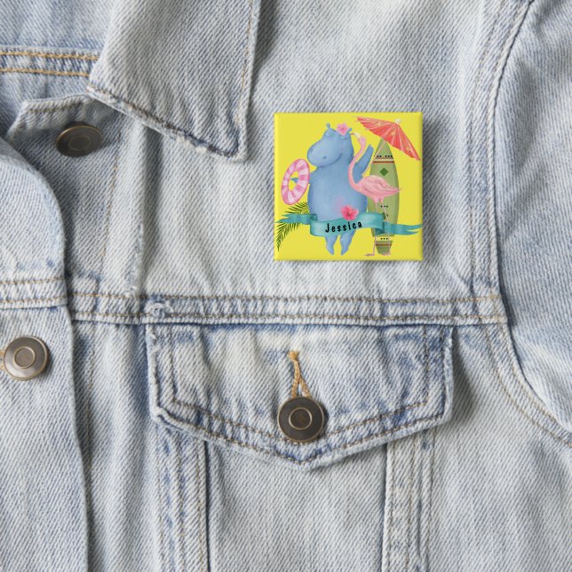Badge Carré 5 Cm Bébé mignon Hippo avec Flamant rose Nom personnali (En situation)