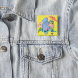 Badge Carré 5 Cm Bébé mignon Hippo avec Flamant rose Nom personnali