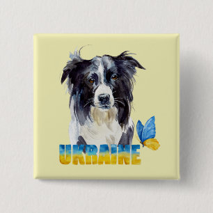 Badge Carré 5 Cm Belle aquarelle Ukraine Chien et Papillon 