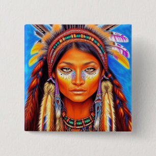 Badge Carré 5 Cm Belle femme amérindienne  