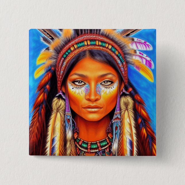 Badge Carré 5 Cm Belle femme amérindienne   (Devant)