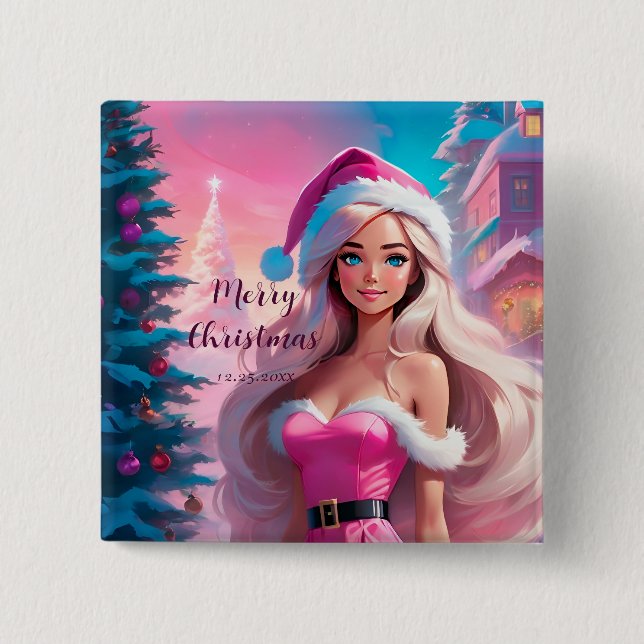 Badge Carré 5 Cm Belle fille de Noël rose 01 (Devant)
