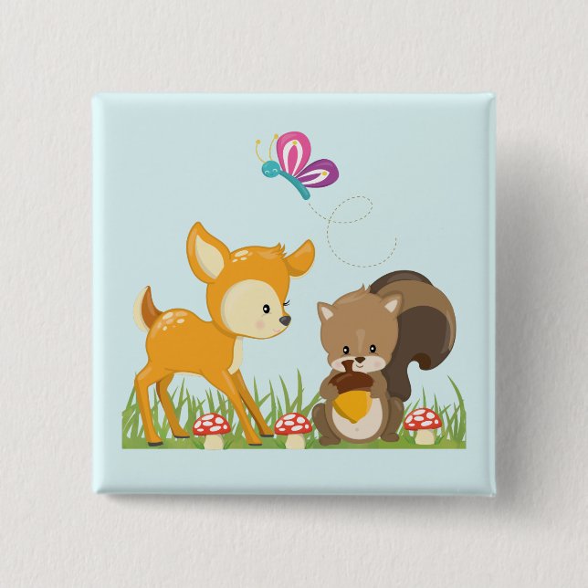 Badge Carré 5 Cm Belle forêt Animaux Caricature Whimsical (Devant)