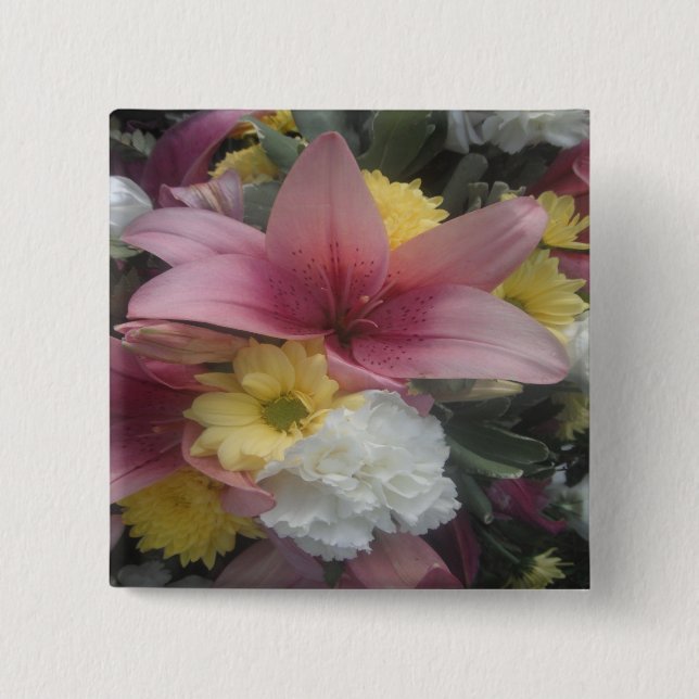 Badge Carré 5 Cm Belle Lys rose Bouton (Devant)