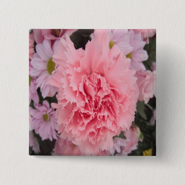 Badge Carré 5 Cm Belle oeillet rose Bouton (Devant)