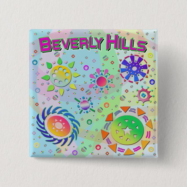Badge Carré 5 Cm Beverly Hills Sept soleils & Bouton Énergie (Devant)