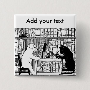 Badge Carré 5 Cm Bibliothèque Chaton et Chien de Style Ancien, Litt