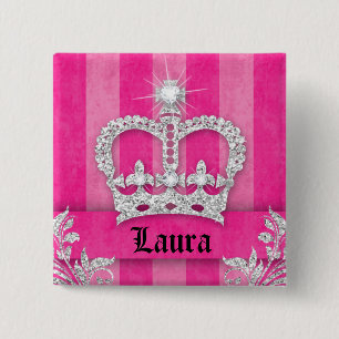 Badge Carré 5 Cm Bijoux princesse Couronne rose rayures Brooch