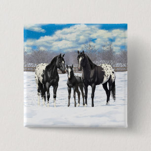 Badge Carré 5 Cm Black Appaloosa Horses In Snow