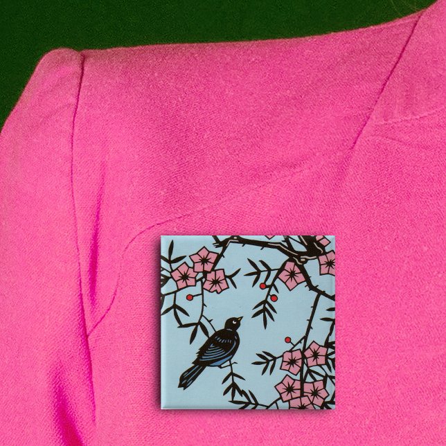 Badge Carré 5 Cm Black Bird Cherry (Pretty black bird in abstract cherry blossom tree on light blue square pin back button.)