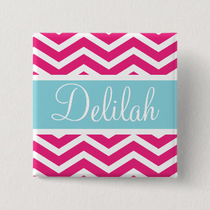 Badge Carré 5 Cm Blanc rose Chevron bleu Nom personnalisé