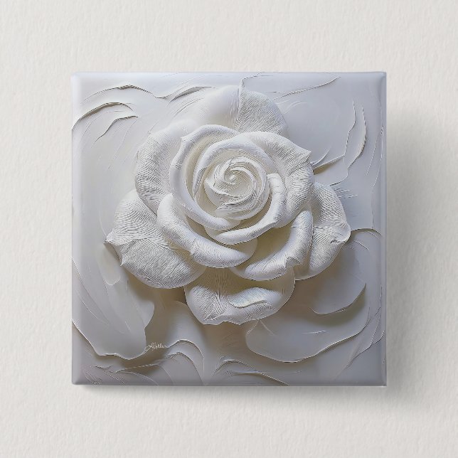 Badge Carré 5 Cm Blanc sur blanc - Rose sculpté (Devant)