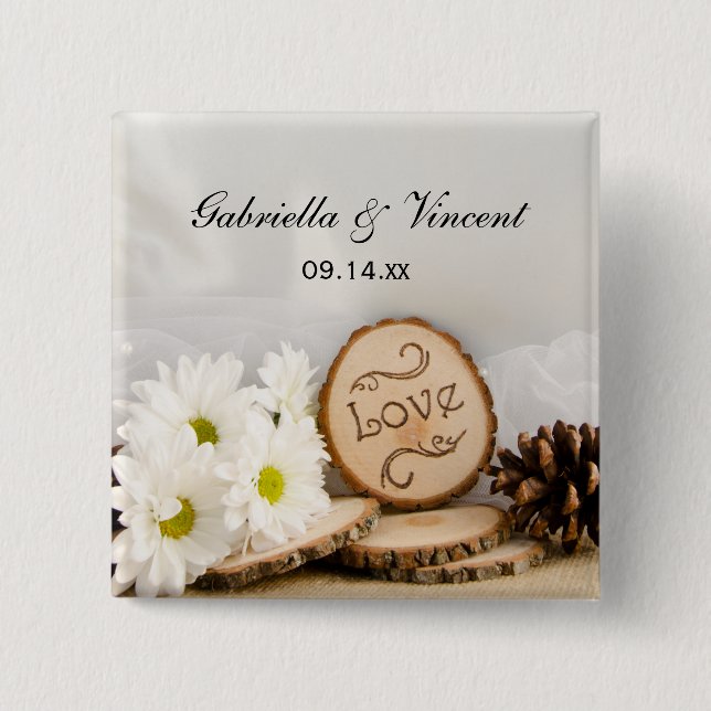 Badge Carré 5 Cm Blancs rustiques Mariage de bois (Devant)