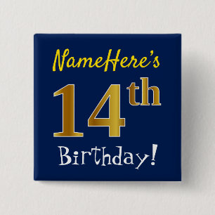 Badge Carré 5 Cm Bleu, Faux Or 14e anniversaire, Avec Nom Personnal