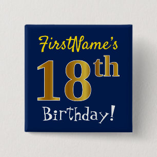Badge Carré 5 Cm Bleu, Faux Or 18ème Anniversaire, Avec Nom Personn