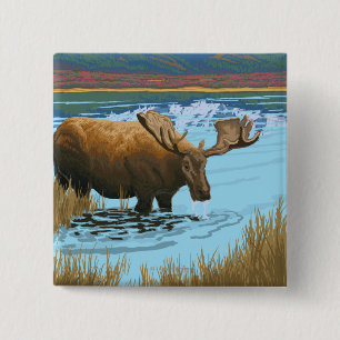 Badge Carré 5 Cm Boire de l'orignal au lac - Parc national des Glac