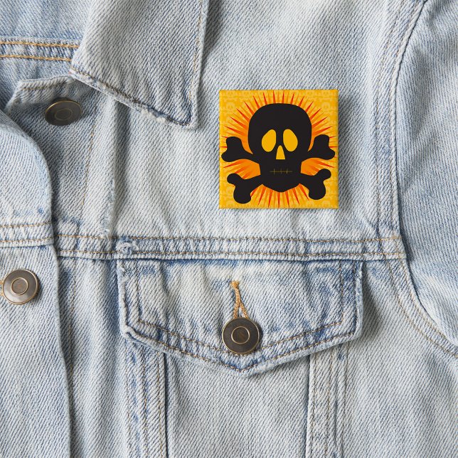 Badge Carré 5 Cm Bold Skull and Crossbones with Orange Burst (Créateur téléchargé)