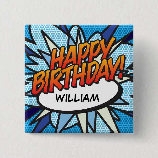 Badge Carré 5 Cm BONJOUR D'ANNIVERSAIRE amusant Retro Comic Book (Devant)