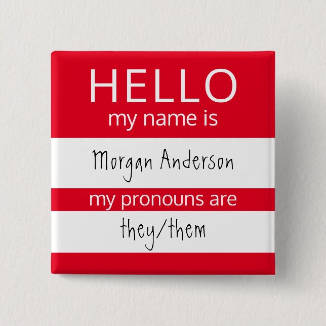 Badge Carré 5 Cm BONJOUR Nom et Insigne des pronouns (Devant)