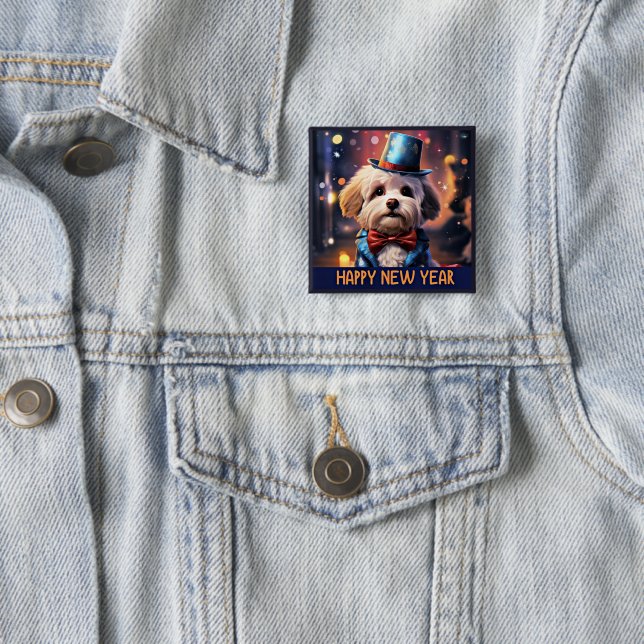 Badge Carré 5 Cm Bonne année, caniche maltaise, (En situation)