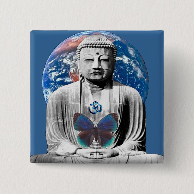 Badge Carré 5 Cm Bouddha attend le bouton (Devant)