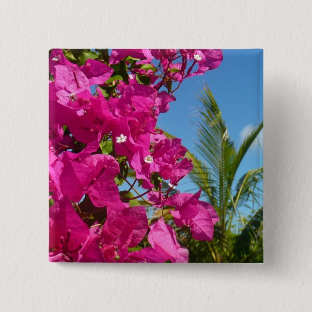 Badge Carré 5 Cm Bougainvilliers et palmiers paysage tropical (Devant)